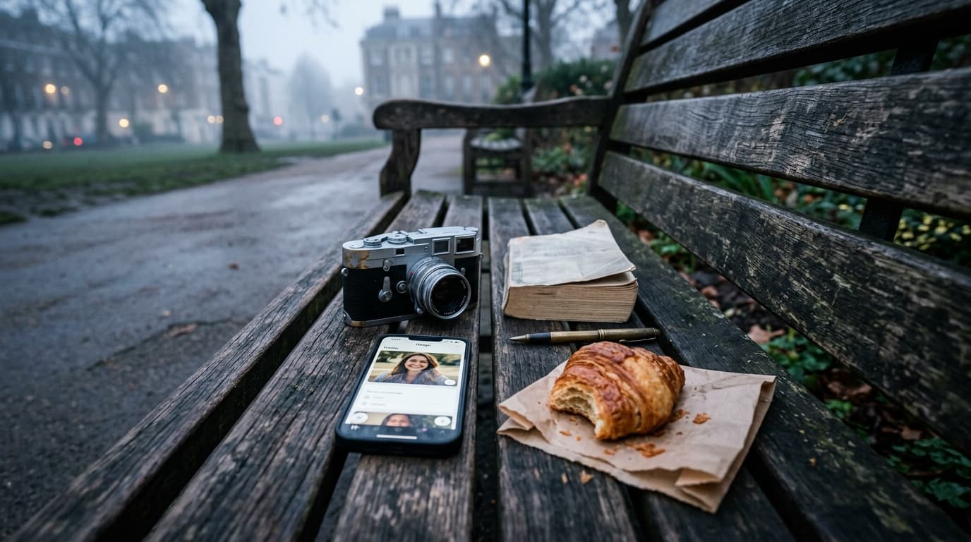 Overhead flat-lay on a weathered wooden park bench. A vintage camera, a worn paperback book, and an open Hinge profile on...