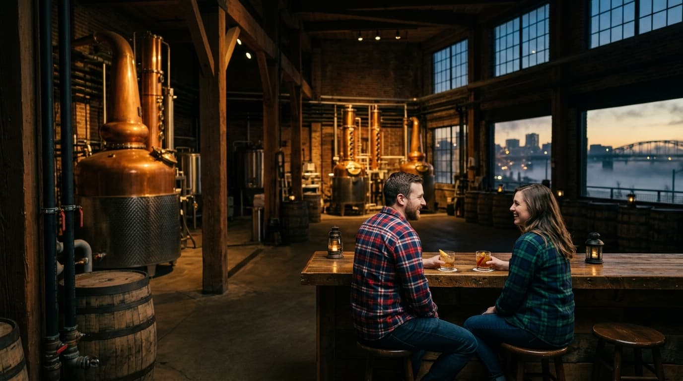 A couple in casual flannels shares a drink at a rustic wooden bar inside a dimly lit distillery, surrounded by copper stil...