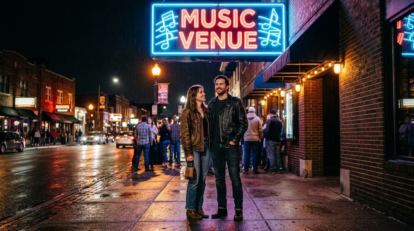 Low-angle hero shot of a couple standing on a Broad Ripple sidewalk outside a neon-lit music venue. They wear vintage leat...