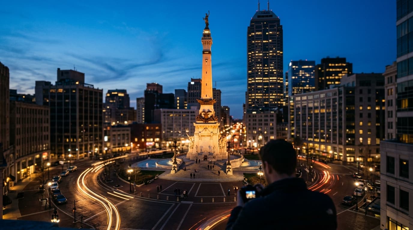 The illuminated Monument Circle centerpiece glows amidst a deep blue hour backdrop. A tilt-shift lens focuses sharply on t...