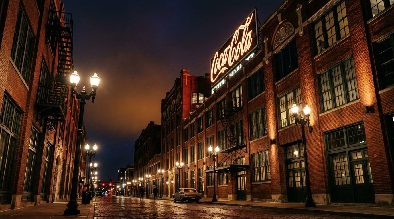 A low-angle, 35mm shot captures the industrial-chic red brick facades of the Bottleworks District at midnight. Moody ambie...