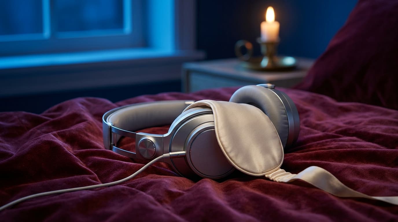 High-end silver wired headphones rest on a rumpled velvet duvet, one ear cup draped with a delicate silk blindfold, captur...