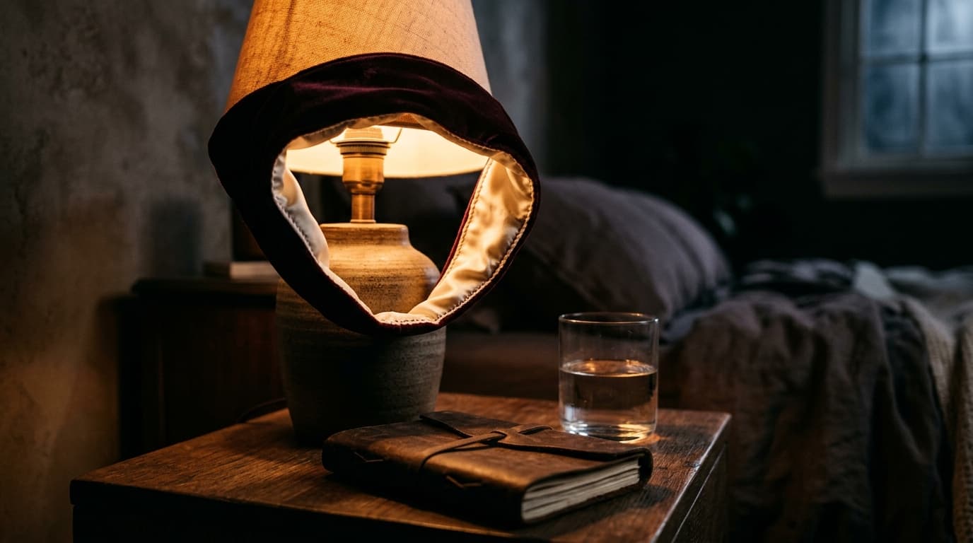 A soft, fabric-lined sleep headband draped over a bedside lamp, casting a warm, amber glow onto a leather journal and a gl...