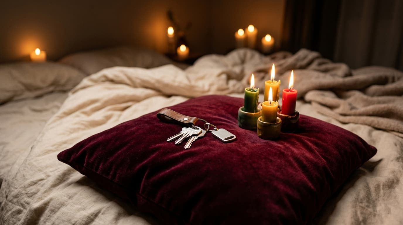 A silver set of keys rests on a plush velvet pillow beside a trio of colored candles—green, yellow, and red—flickering war...