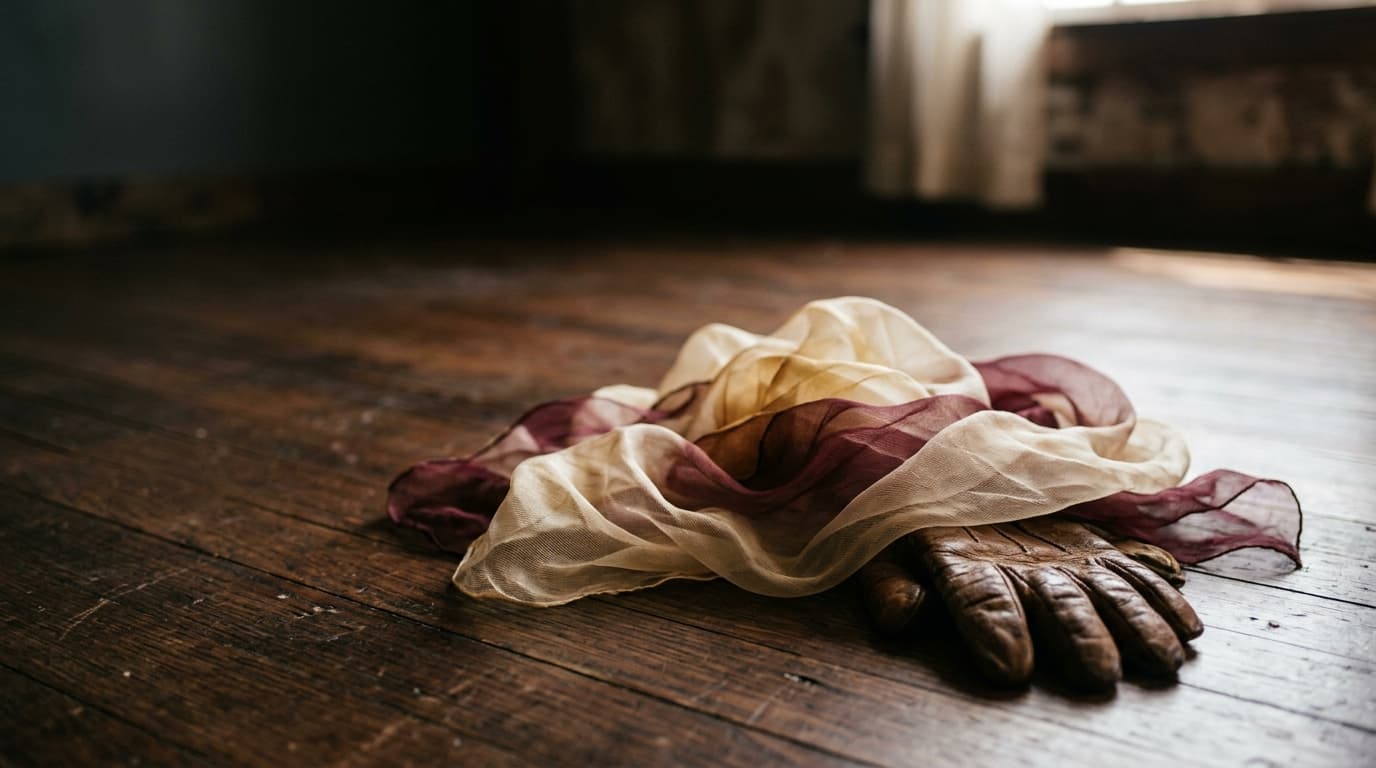 A sheer silk scarf rests in a loose, tangled heap on a hardwood floor, draped over a heavy leather glove. A soft, natural...