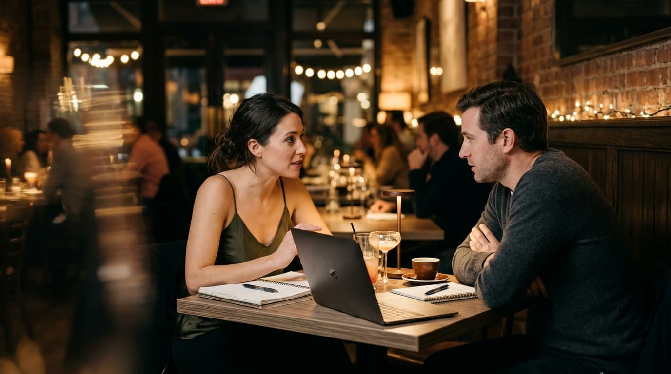 A wide-angle shot of a woman in a silk camisole and a man in a cashmere sweater leaning across a corner table. A laptop an...
