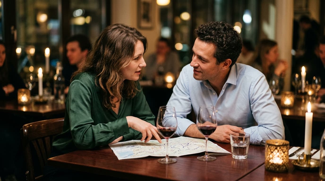 A woman in a silk blouse and a man in a crisp button-down lean close over a mahogany table. Two empty wine glasses stand b...