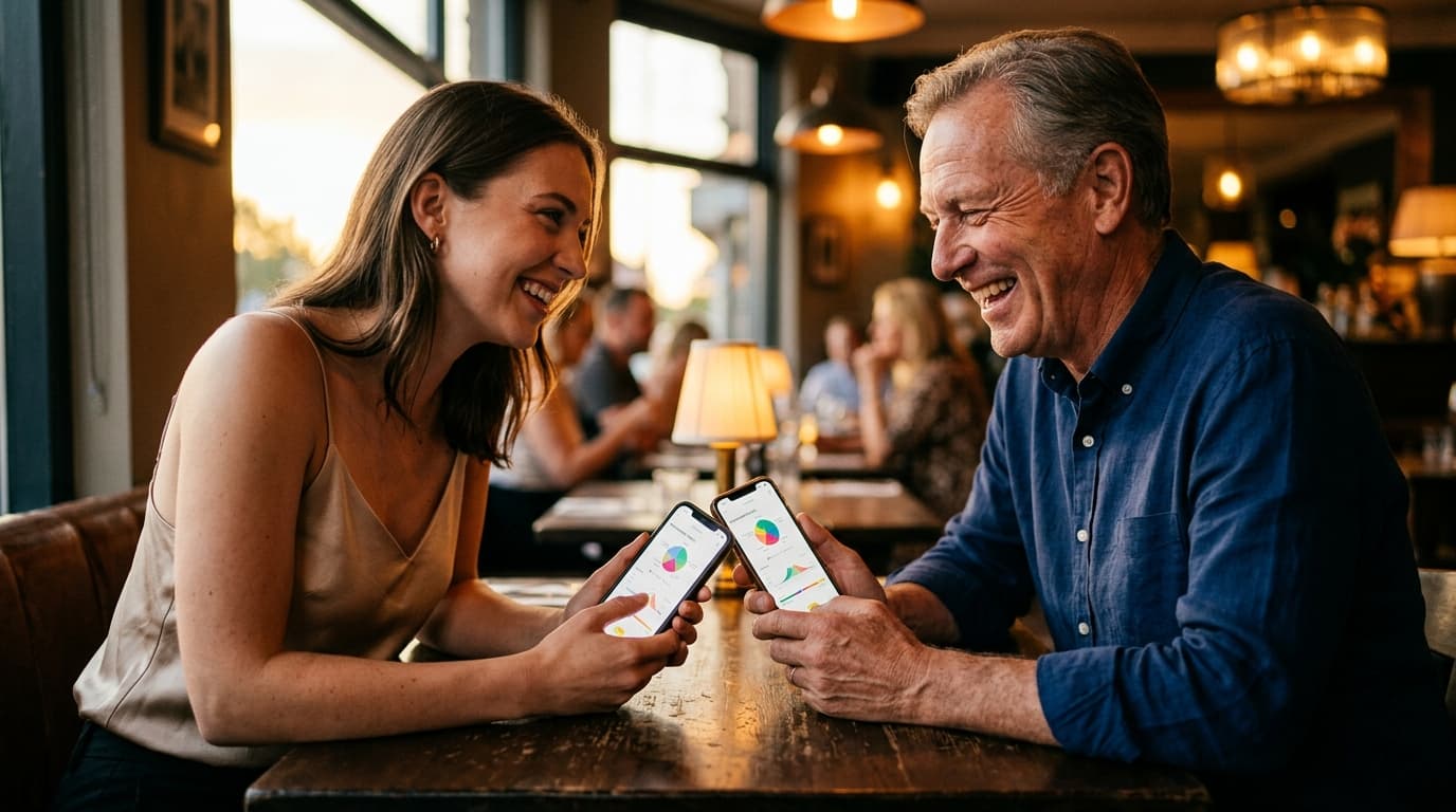 Extreme macro, tilt-shift focus on a younger woman in a silk camisole and an older man in a crisp linen shirt, laughing wh...