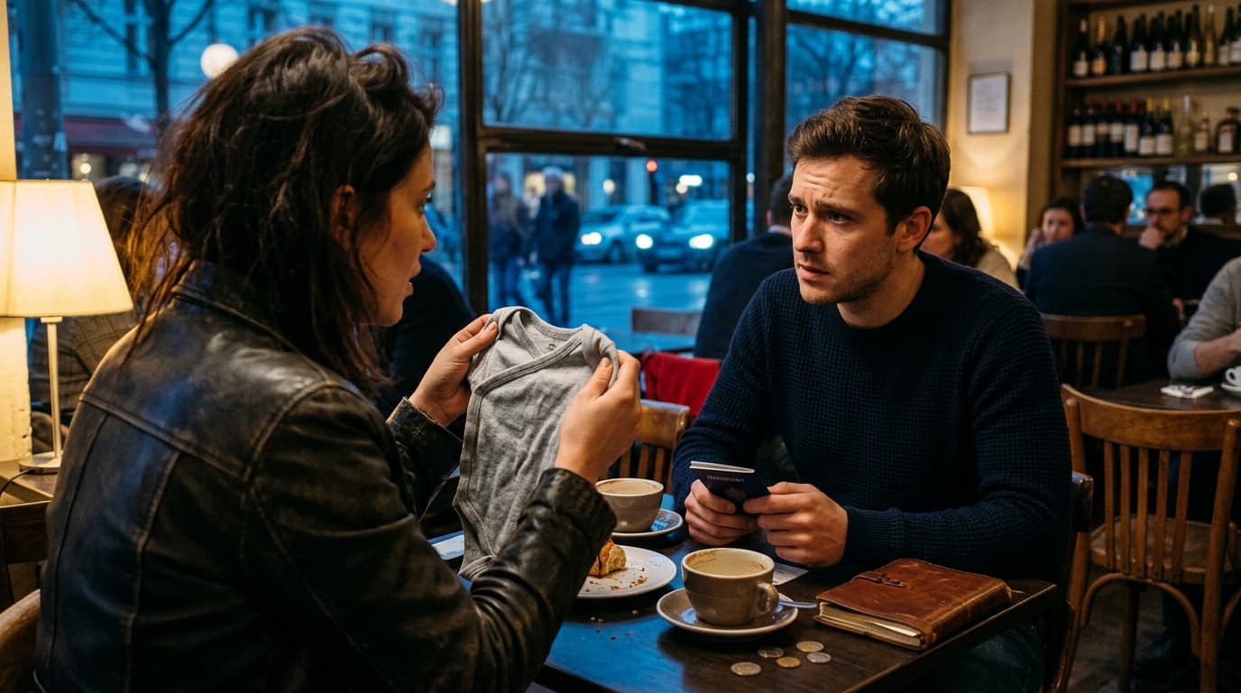 A woman in a leather jacket and a man in a navy sweater sit at a small table. She holds a baby onesie, he holds a passport...