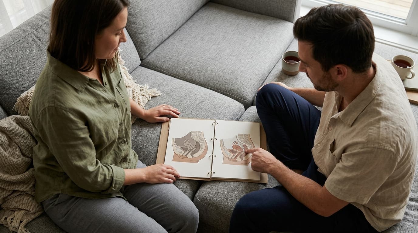 A couple in linen shirts sits on a grey couch. Between them, a set of detailed, neutral-toned anatomical diagrams rests on...