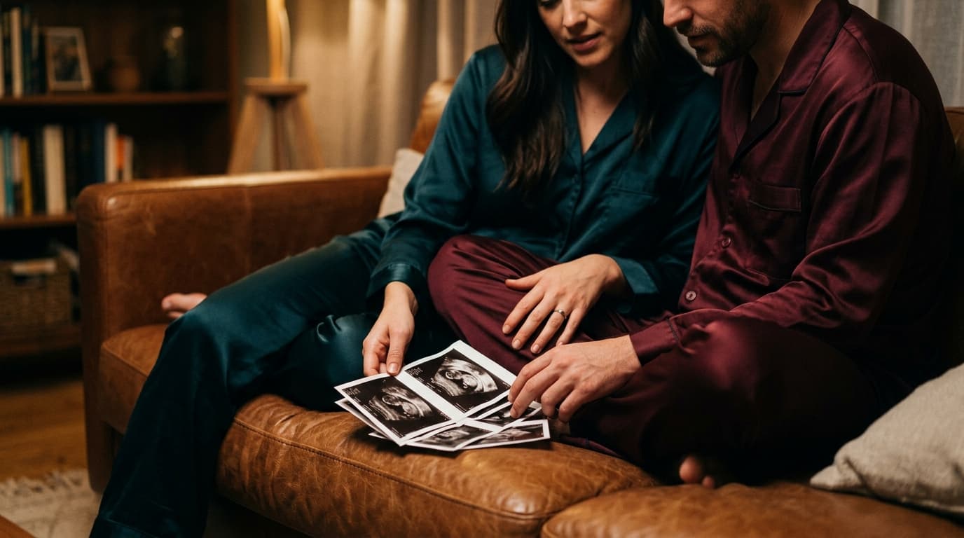 A couple in casual silk loungewear sits closely on a leather sofa. Between them, a set of medical ultrasound images rests...