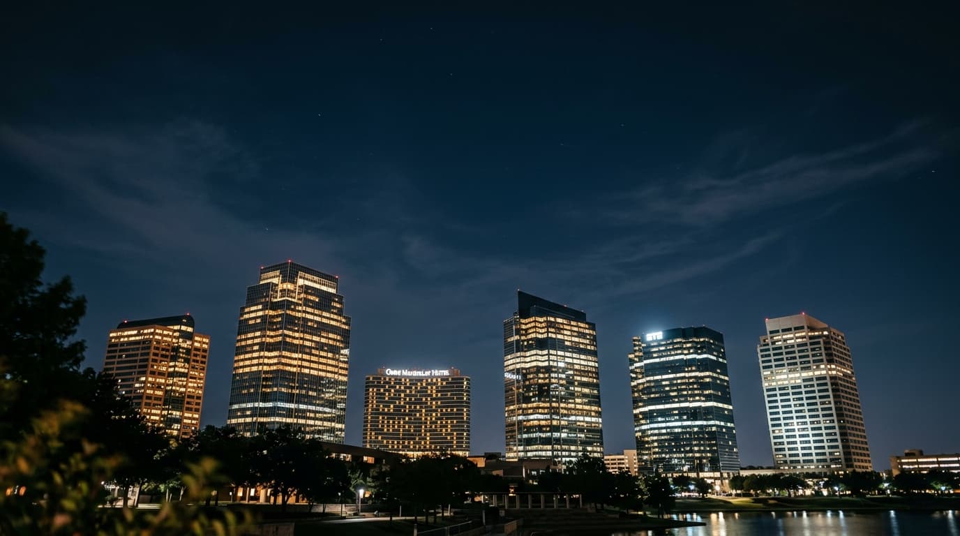 A low-angle, 50mm shot of the illuminated glass towers in Las Colinas at midnight. The sharp, corporate silhouettes glow a...