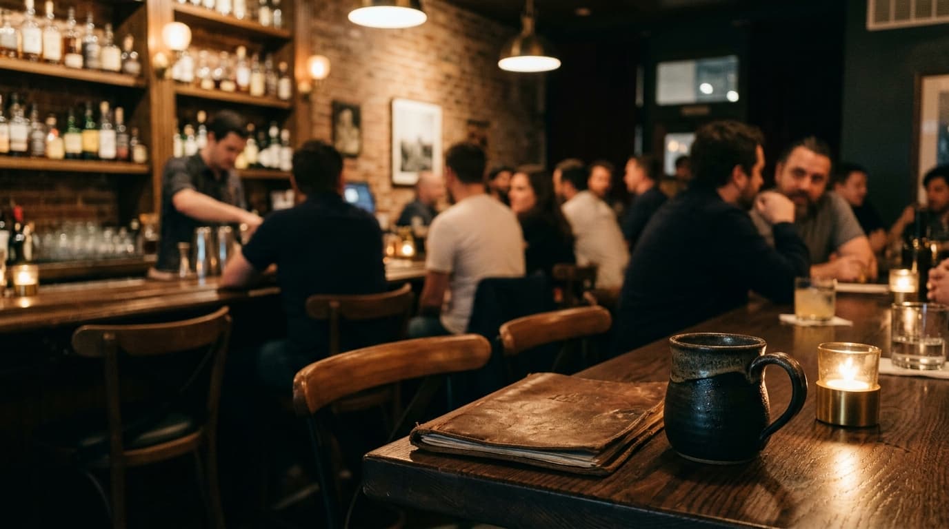 A wide 35mm shot inside a dimly lit Irving cocktail bar features a worn leather menu and a local craft coffee mug resting...