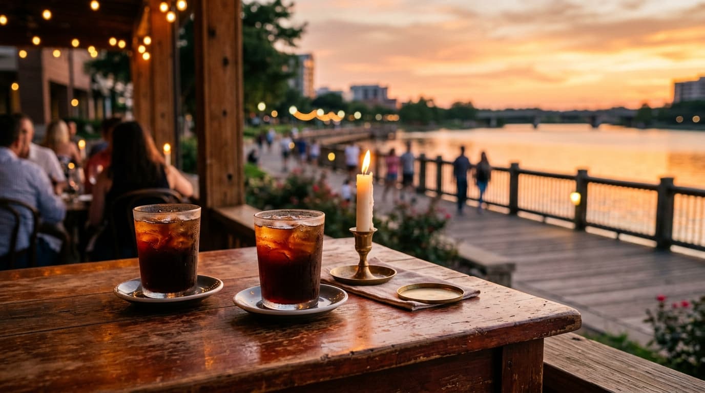 A medium shot at a Lake Carolyn bistro patio shows two cold brew coffees sweating on a mahogany table. A sunset glow hits...
