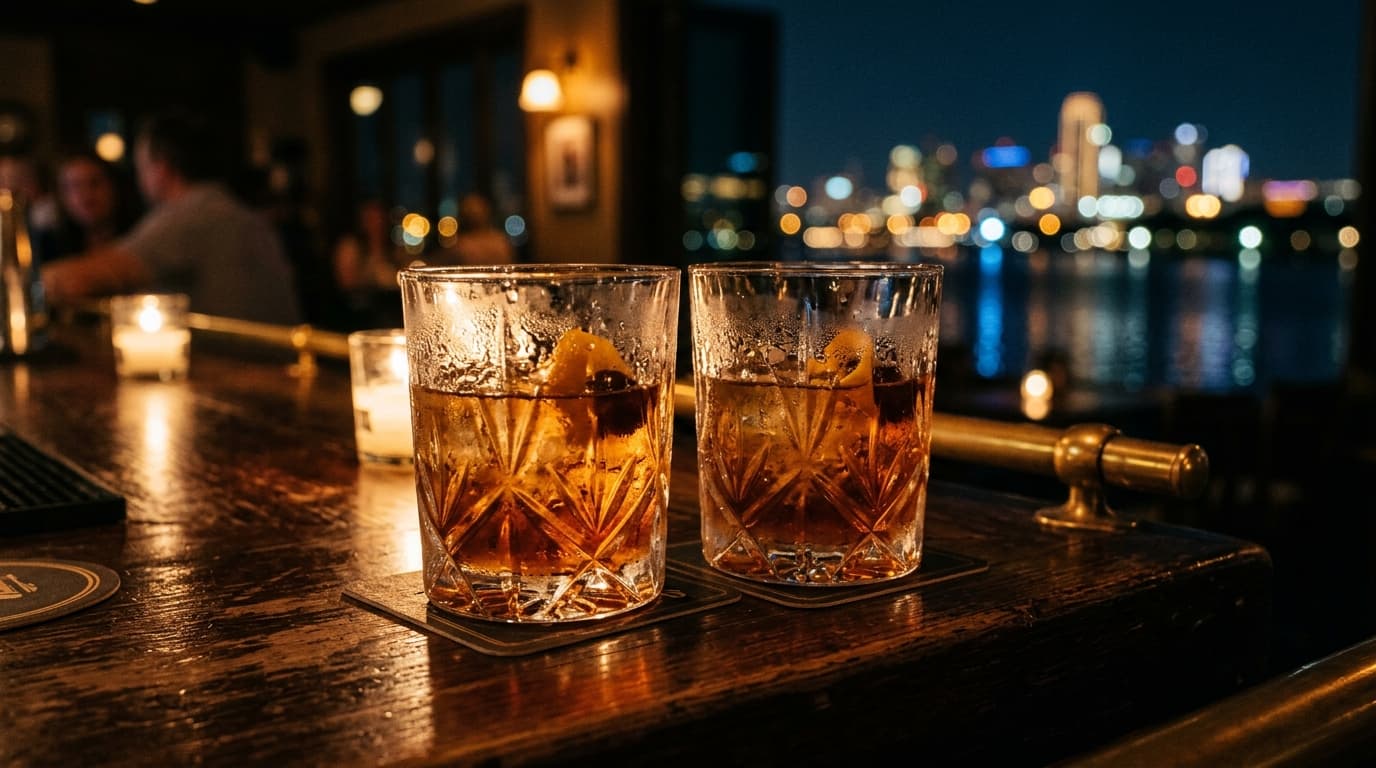 A wide, warm-toned 100mm macro shot captures two crystal cocktail glasses sweating with condensation on a polished dark wo...