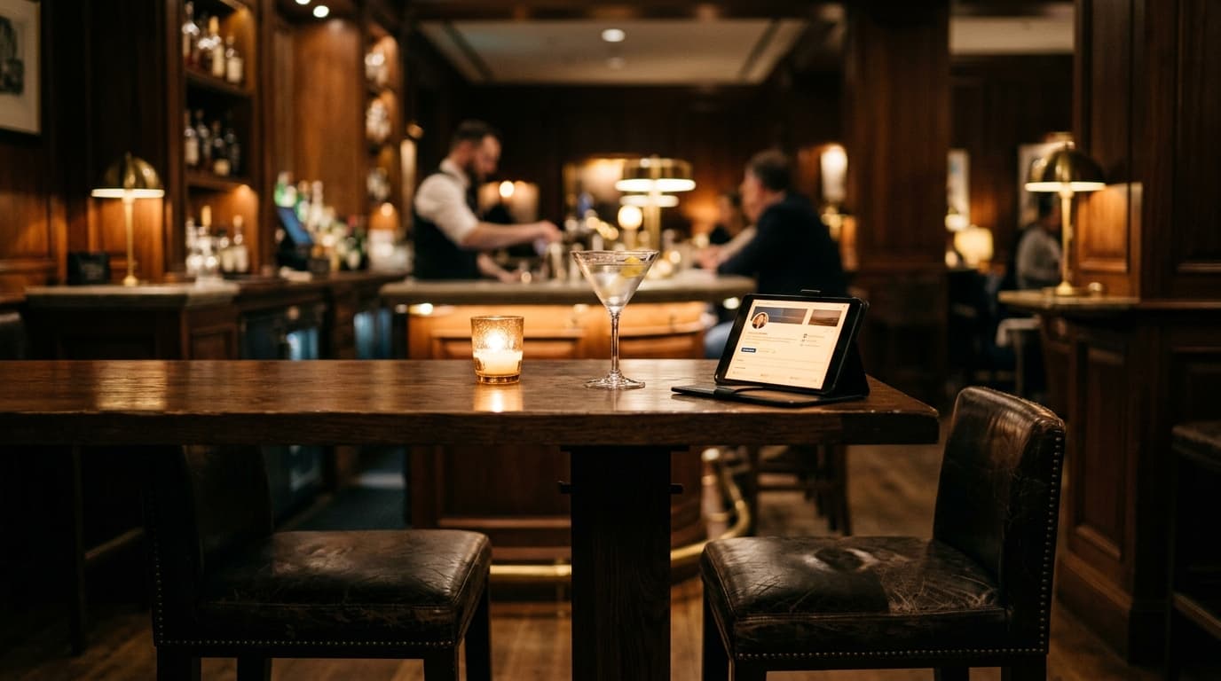 A medium shot captures two leather stools at a high-top table in a lobby bar. A smartphone displaying a LinkedIn profile r...