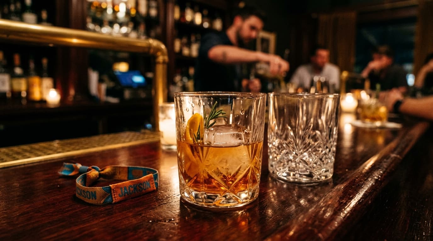 A low-angle, macro-focused shot of two crystal tumblers resting on a polished mahogany bar inside a dimly lit Jackson loun...