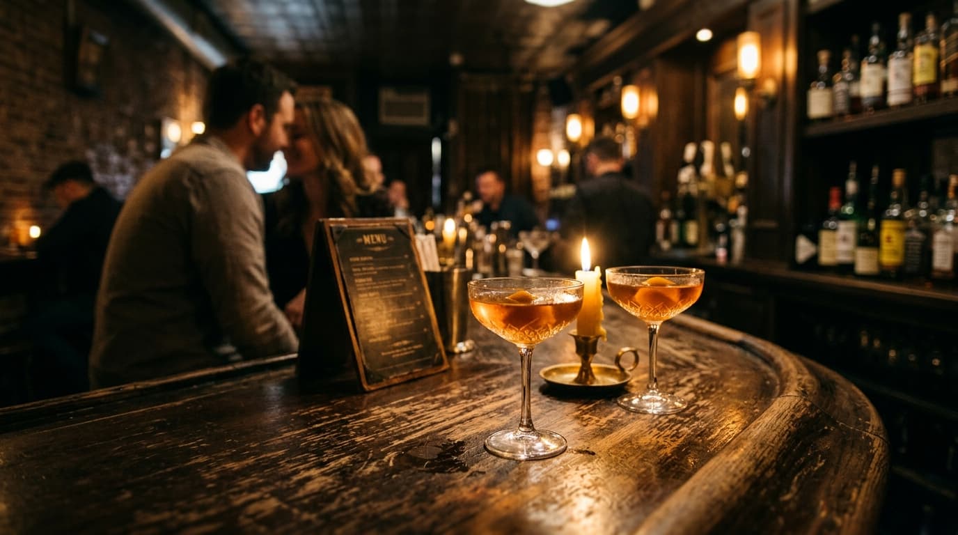 A low-angle, tilt-shift shot inside The Apothecary, focusing on two vintage cocktail coupes on a worn wooden bar, with a b...