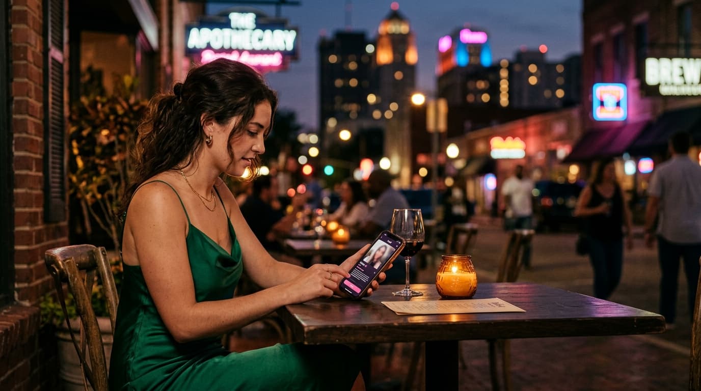 A woman in a silk slip dress sits at a candlelit bistro table in Fondren, holding a smartphone showing a Feeld profile, of...
