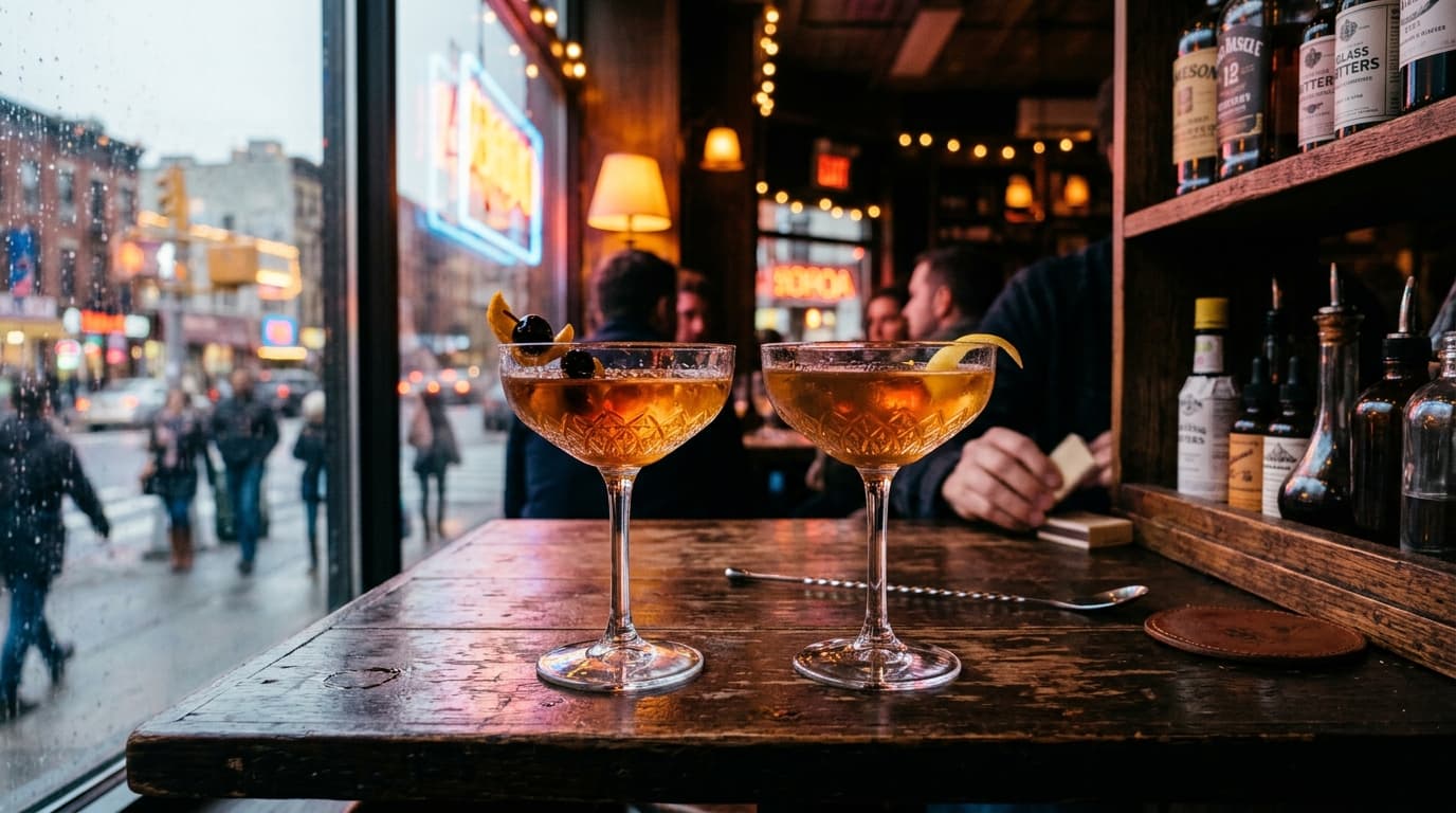 A close-up, centered 24mm wide-angle shot of two crystal coupe glasses resting on a dark wood table at The Apothecary. Noo...