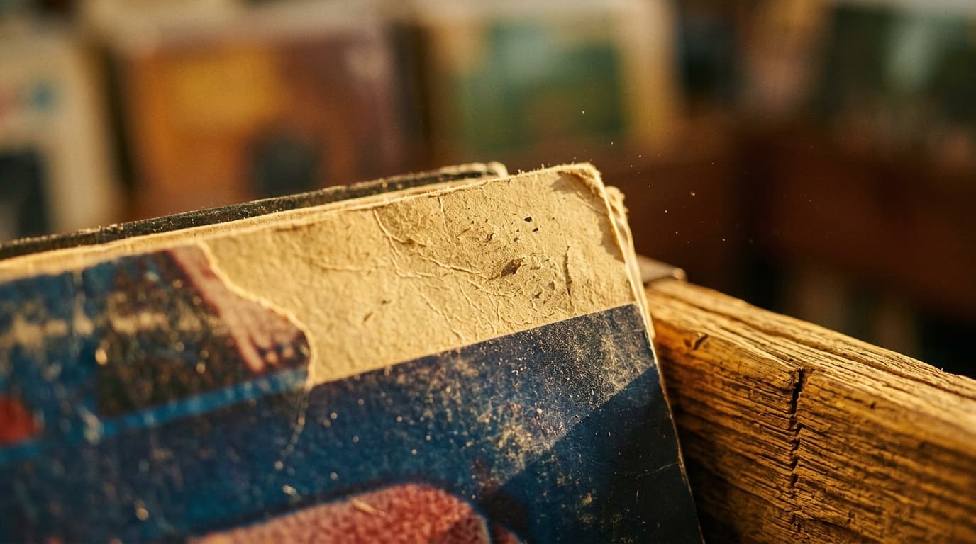 Extreme 100mm macro shot of a worn, vintage vinyl record sleeve resting on a wooden crate at The End of All Music, golden...