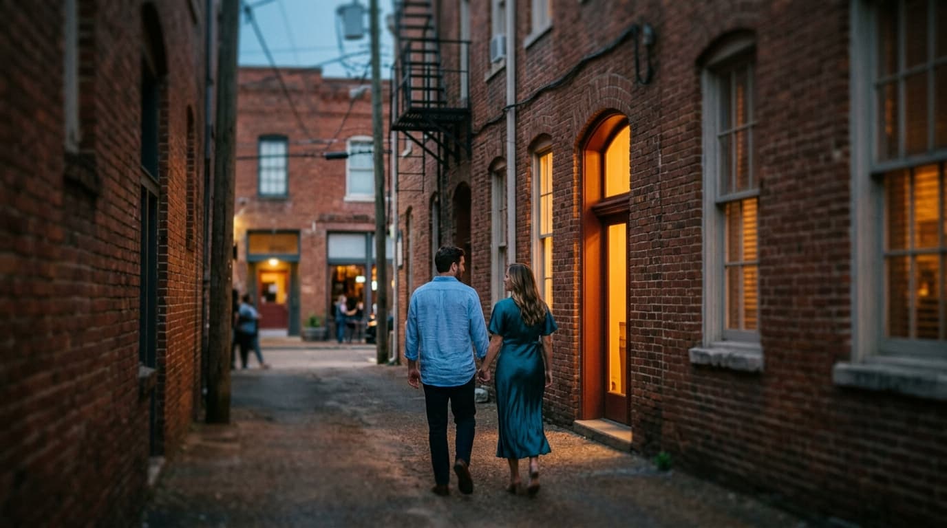 Blue hour, tilt-shift focus on a couple walking between two Fondren brick buildings. The man in a linen shirt and woman in...