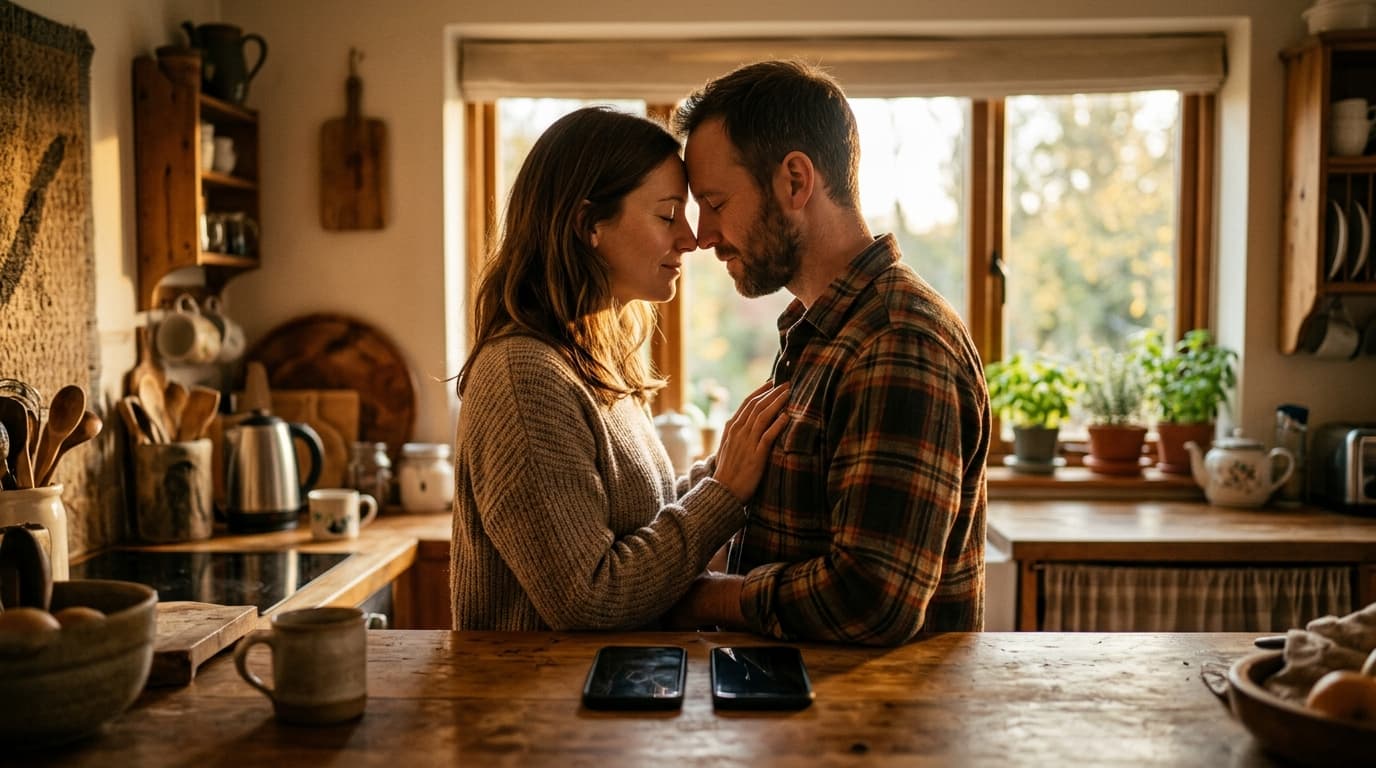 A couple stands in a sunlit kitchen, foreheads touching, eyes closed in trust. Between them on the counter lies a pair of...