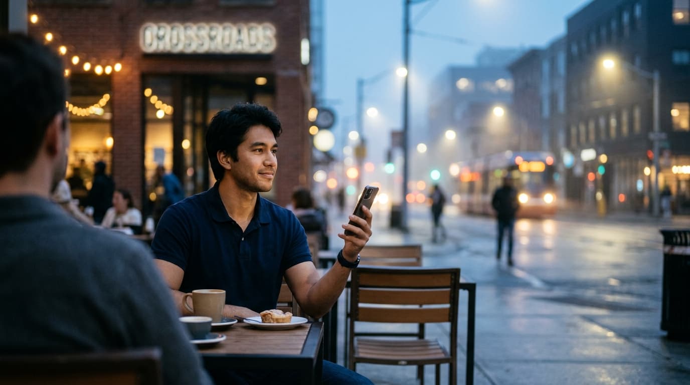 An 85mm portrait captures a man in a navy polo sitting at a Crossroads coffee shop table, smartphone held near his chest,...