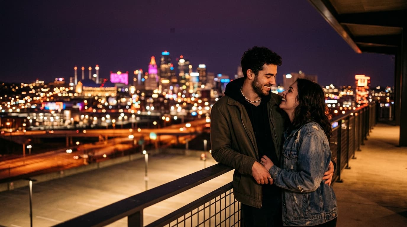 A couple leans against the railing of the CPKC Stadium, captured from a low angle. Behind them, the Kansas City skyline gl...