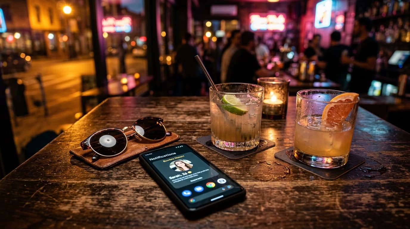 Overhead flat-lay of a textured wooden table at Mean Mule, featuring two half-empty agave cocktails, a sleek smartphone di...