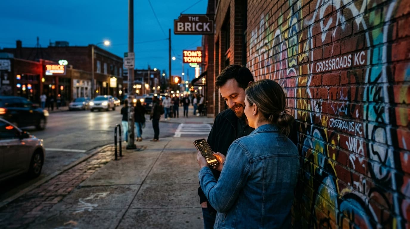 Blue hour, tilt-shift focus on a couple leaning against a graffiti-tagged brick wall in the Crossroads. A smartphone scree...