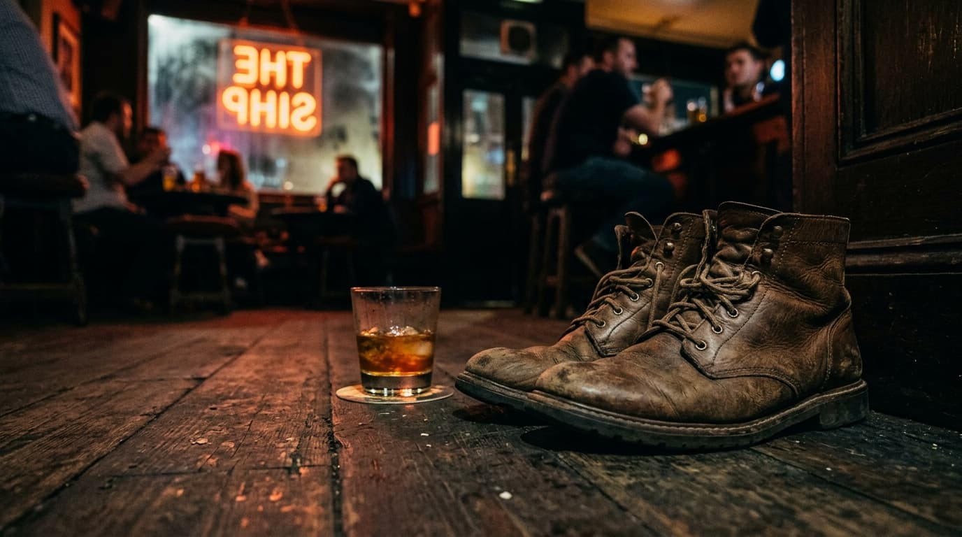 Low-angle, 35mm documentary shot at night. A pair of vintage leather boots rests on the weathered, dark wood floorboards o...