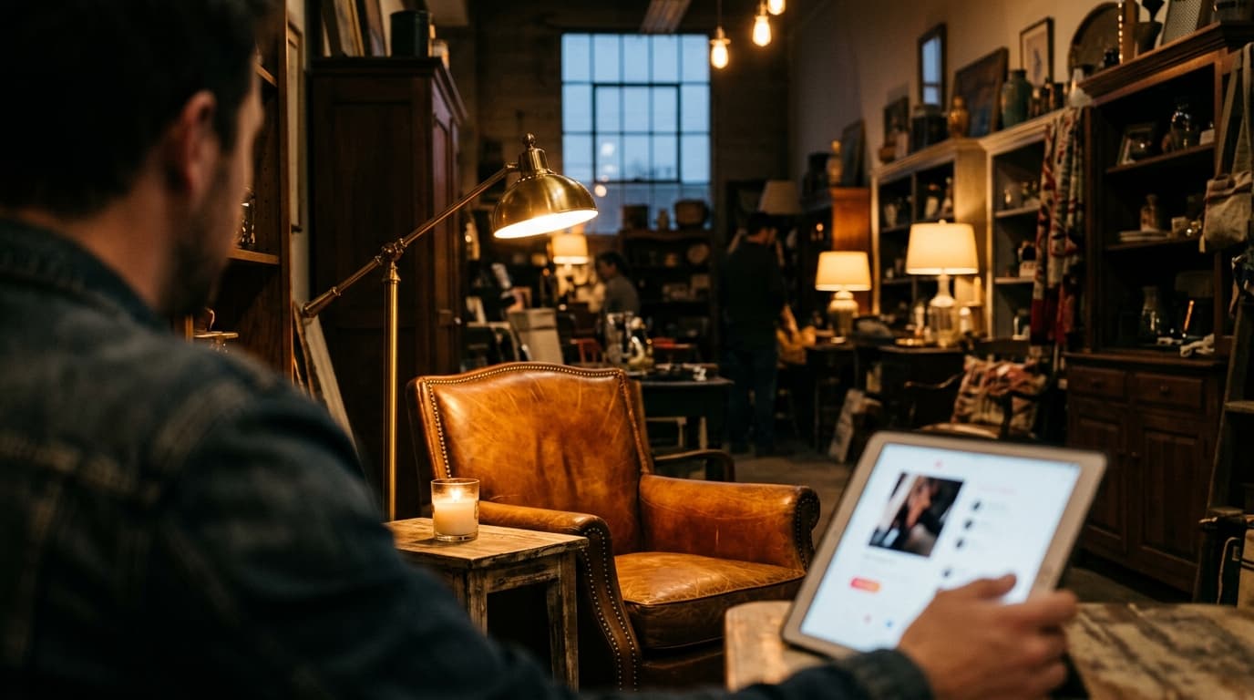 Over-the-shoulder view at a dimly lit West Bottoms antique mall, focusing on a vintage leather armchair and a brass lamp,...