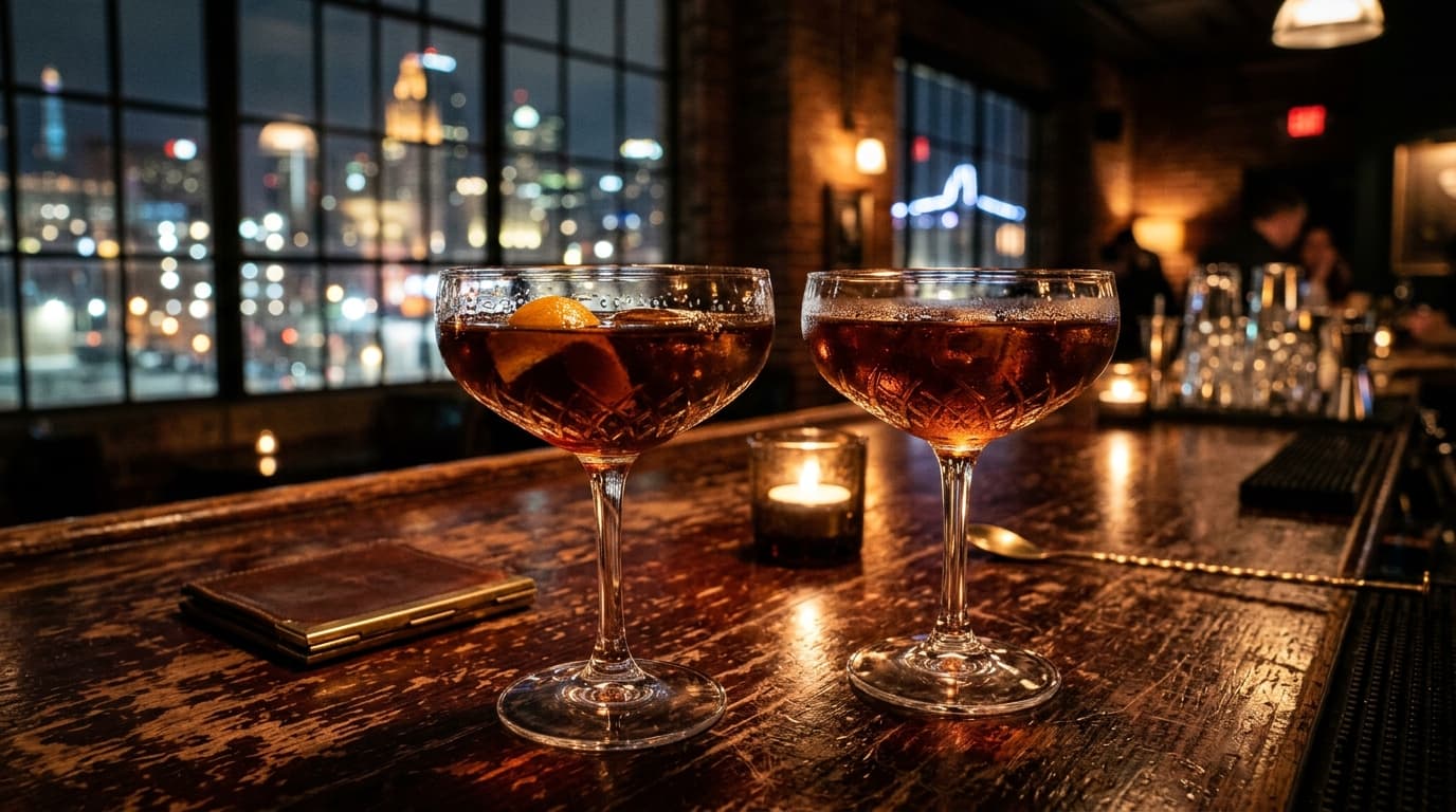 A low-angle macro shot inside a dimly lit Crossroads speakeasy. Two crystal coupes filled with amber cocktails rest on a s...