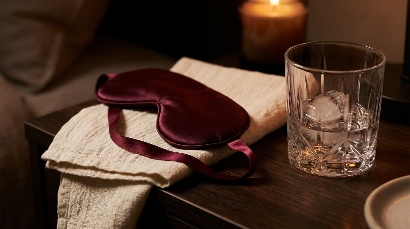 A silk blindfold rests atop a rough-textured hand towel on a bedside table, positioned beside a single melting ice cube in...