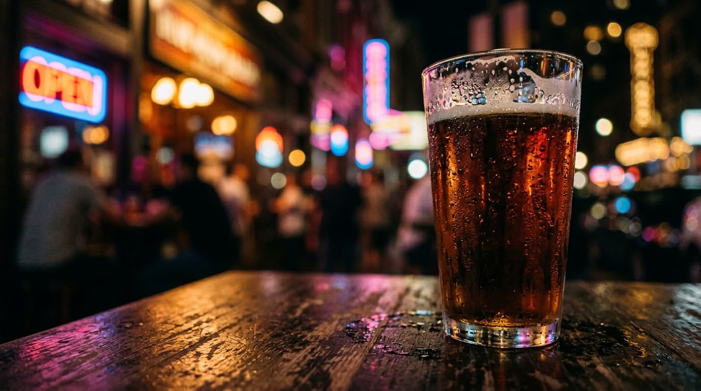 Extreme close-up macro of a cold, condensation-covered glass of craft beer resting on a dark, scarred wooden table at the...