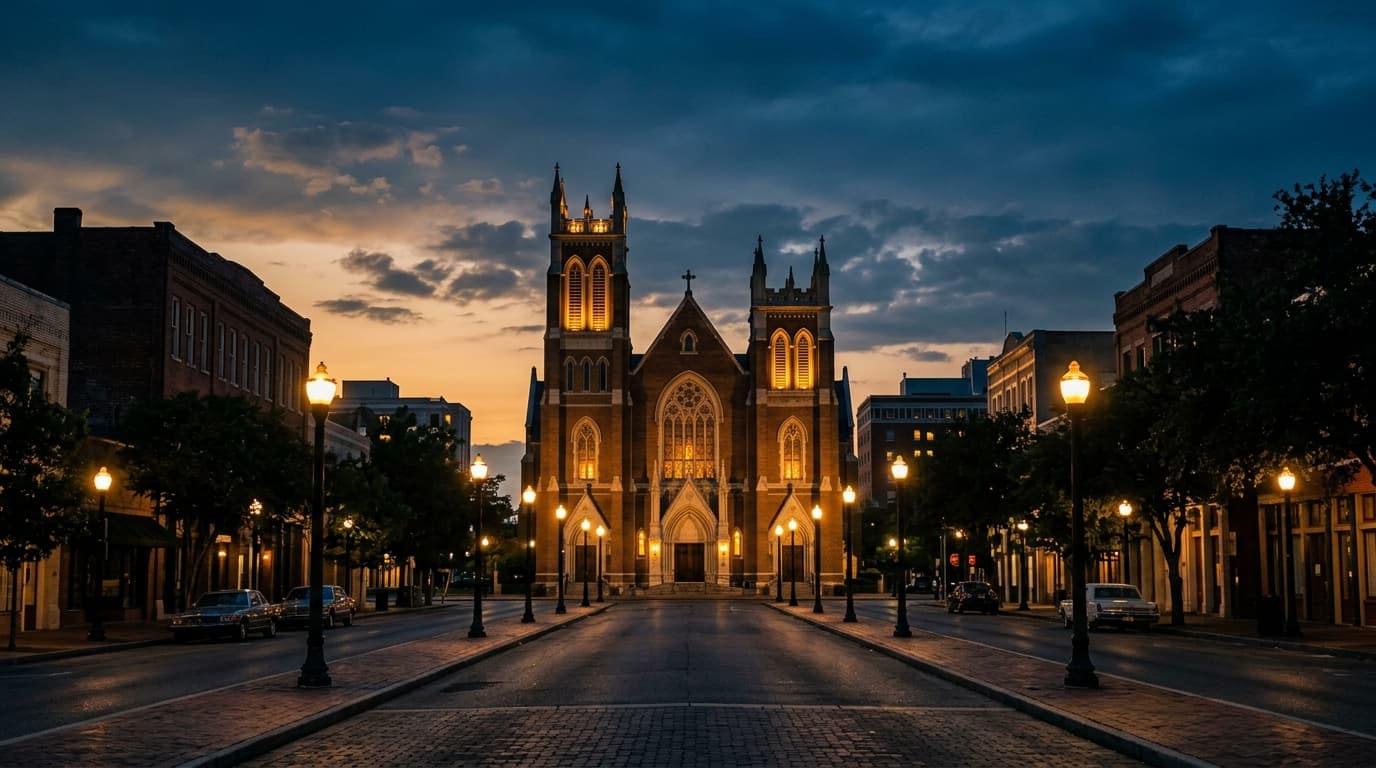 A wide-angle, symmetrical shot of the illuminated Cathedral of St. John the Evangelist at dusk, framed by warm, glowing st...