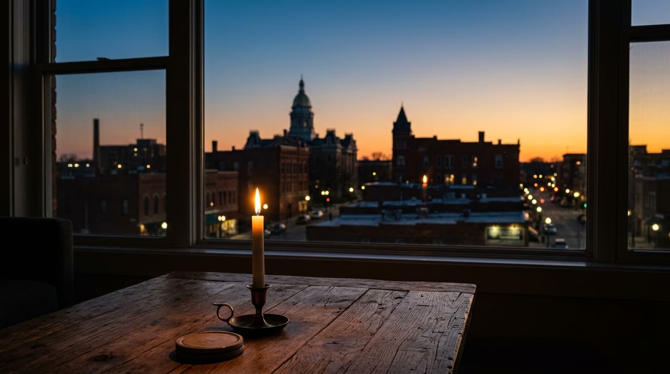 A flickering taper candle rests on a rustic wooden table in the lower third of the frame, its warm glow illuminating the s...