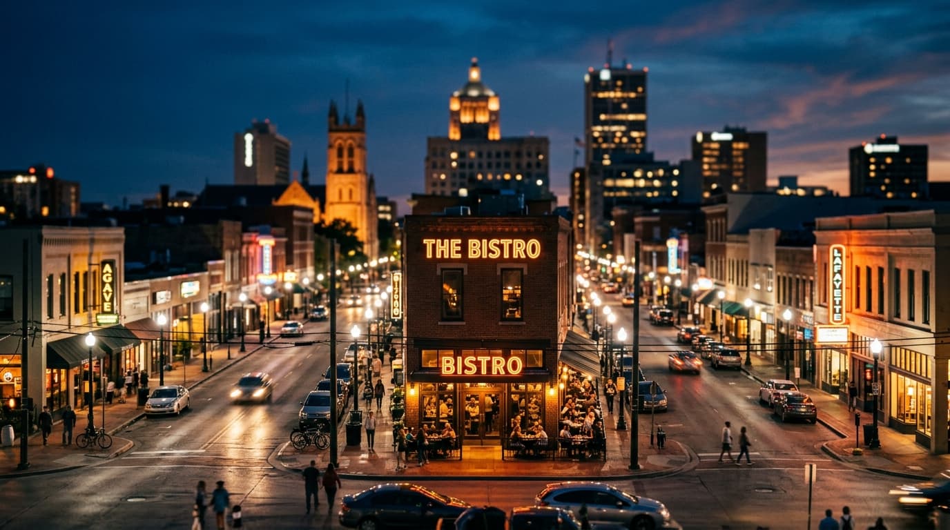 A wide, tilt-shift establishing shot captures the glowing, amber-lit neon signage of a Downtown Lafayette bistro at night,...