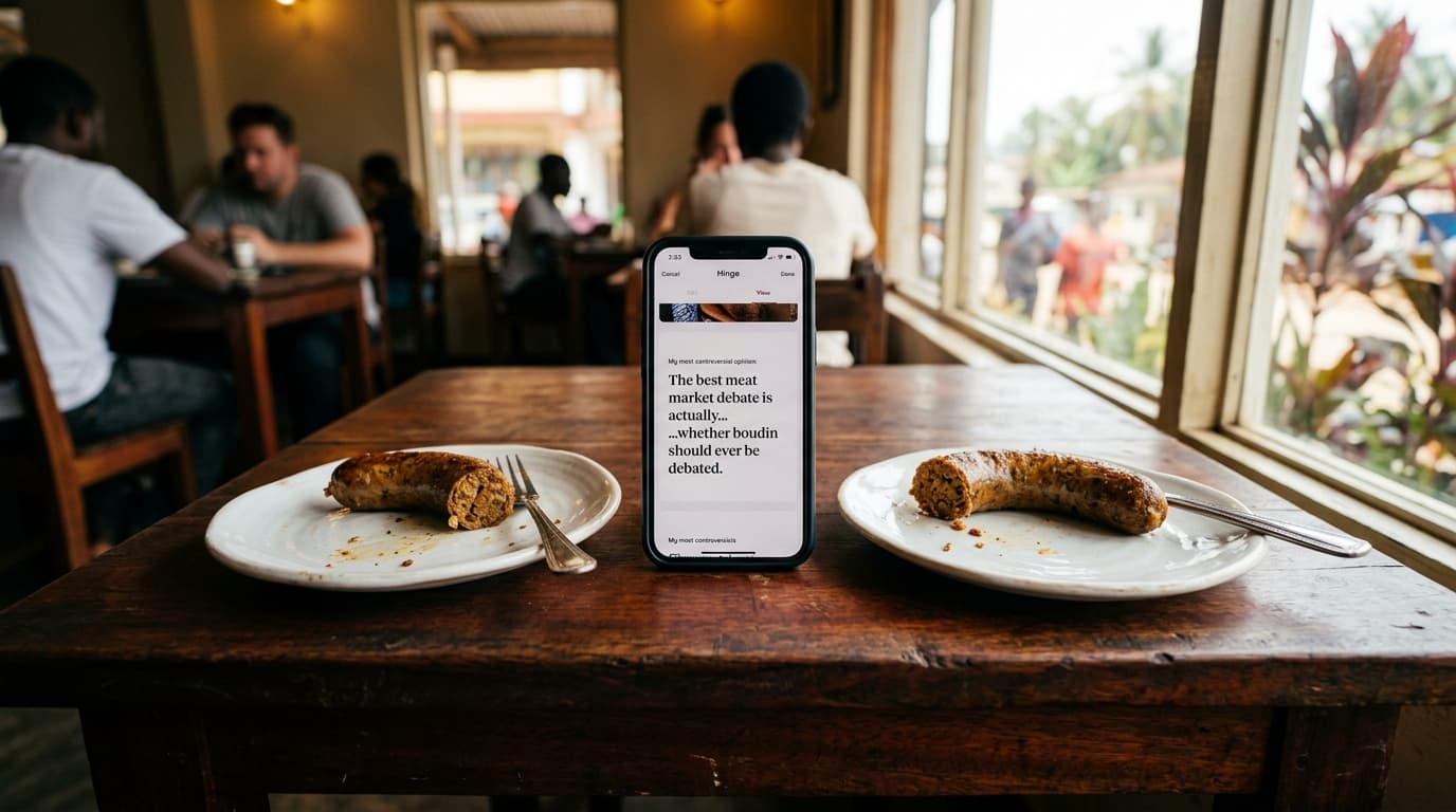 A close-up, symmetric shot of a wooden café table in Freetown. Two half-eaten boudin links on white ceramic plates flank a...