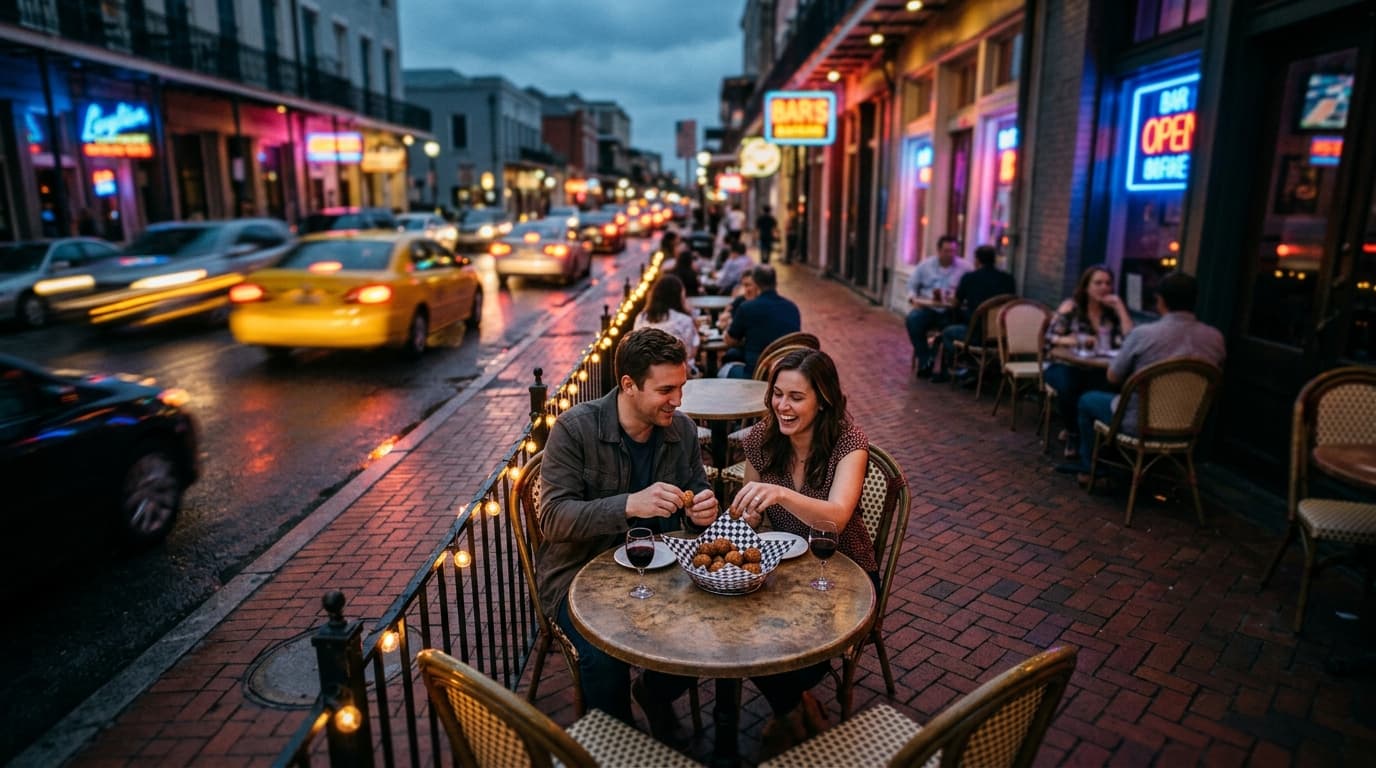 A high-angle tilt-shift shot of a vibrant Lafayette sidewalk café at dusk. A couple sits at a bistro table sharing a baske...