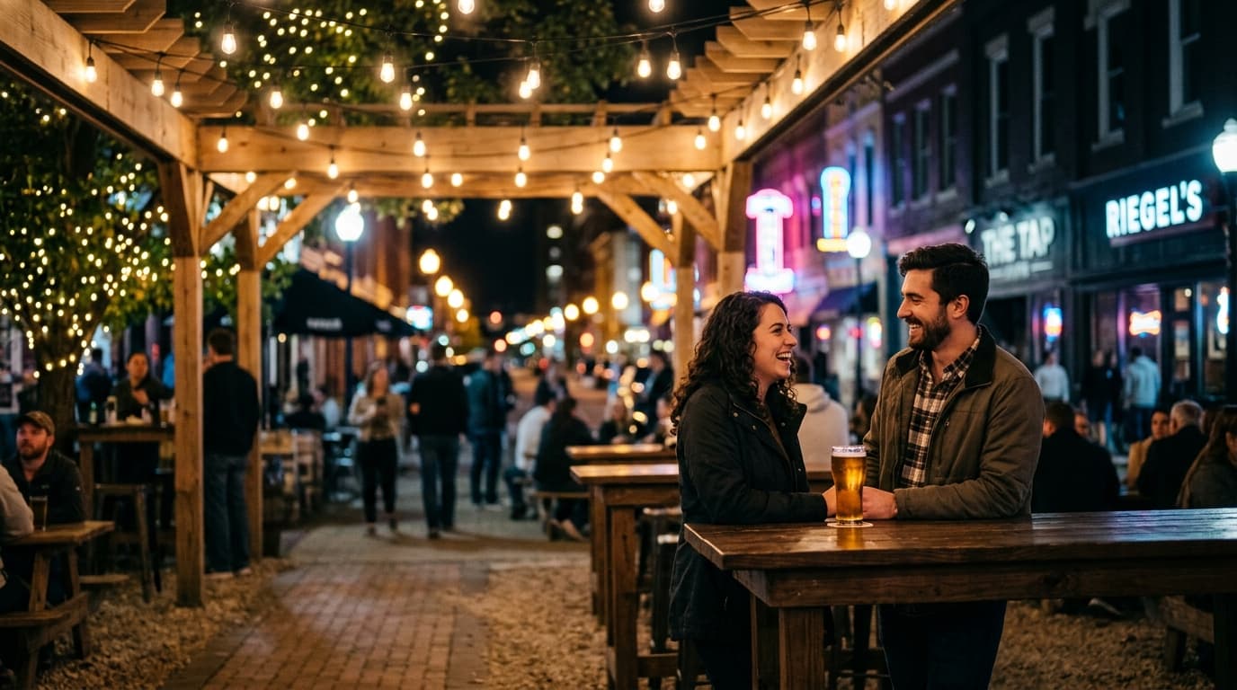 A couple stands at a high-top table at an outdoor biergarten at night. Warm string lights glow overhead, a golden beer gla...