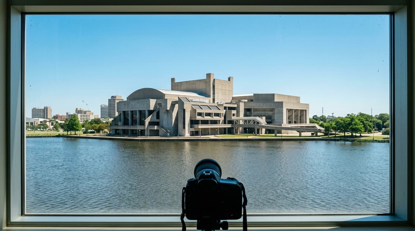Centered 24mm wide-angle shot through a window at noon, capturing the Lake Charles Civic Center’s iconic silhouette agains...