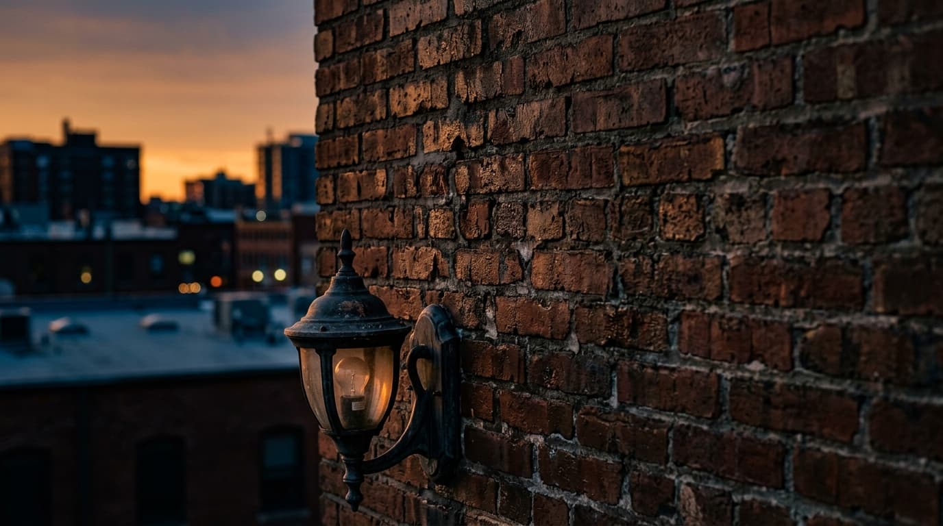 A weathered brick exterior wall of a downtown bar at golden hour, capturing the texture of exposed masonry and glowing amb...