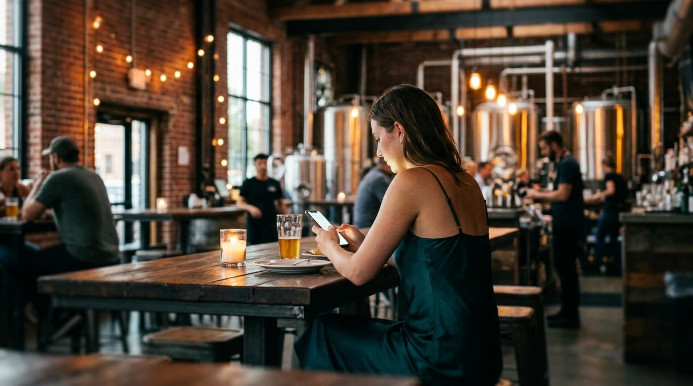 Medium shot, tilt-shift focus. A woman in a silk slip dress sits at a candle-lit high-top table inside Crying Eagle, her s...