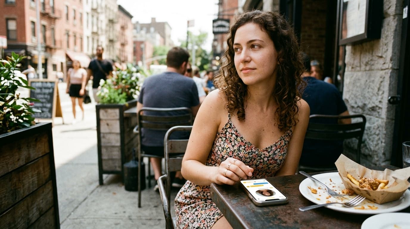 35mm documentary, noon natural light from a window. A woman in a floral sundress sits at a Luna Bar & Grill patio table, a...