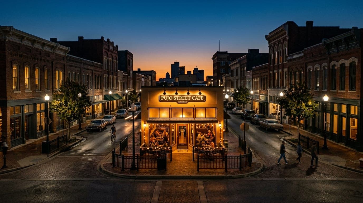 A 24mm wide-angle shot centers the illuminated Pujo Street Cafe storefront at dusk, glowing with warm tungsten light again...