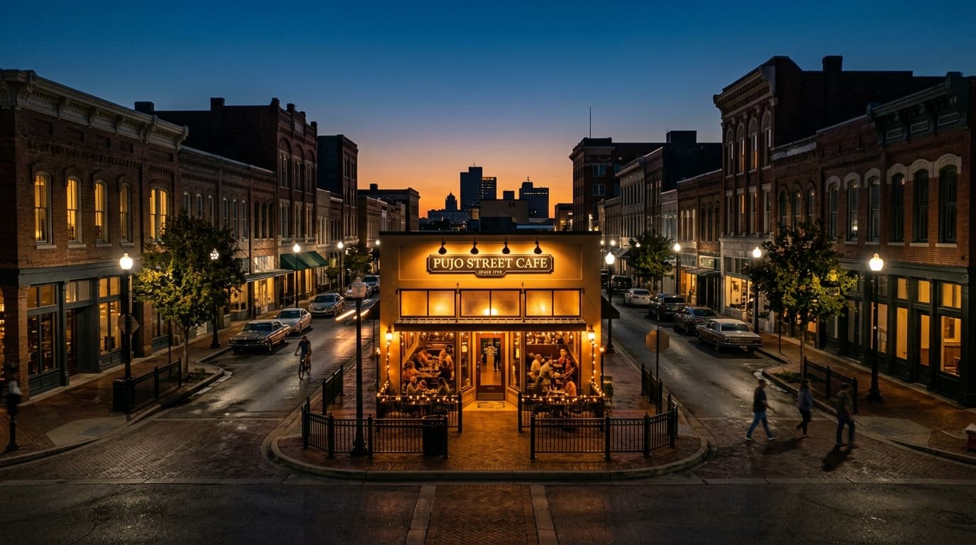 A 24mm wide-angle shot centers the illuminated Pujo Street Cafe storefront at dusk, glowing with warm tungsten light again...
