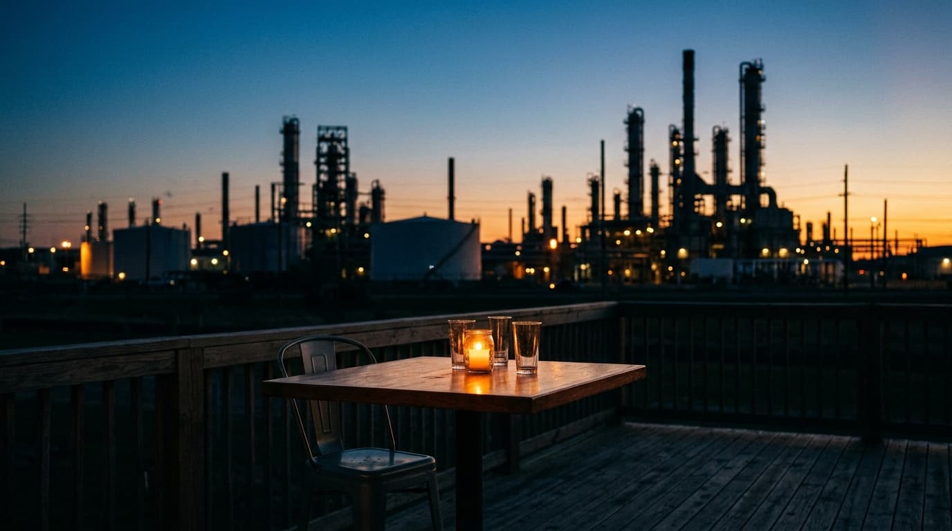 A 50mm medium shot at dusk captures the warm glow of an empty outdoor table at Crying Eagle Brewing, with the blurred, sil...
