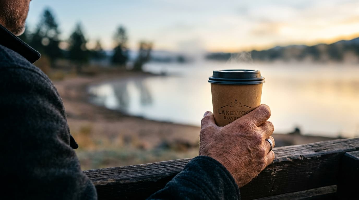 A sun-drenched, rugged hand grips a steaming paper coffee cup embossed with a Lakewood roastery logo, resting on a weather...